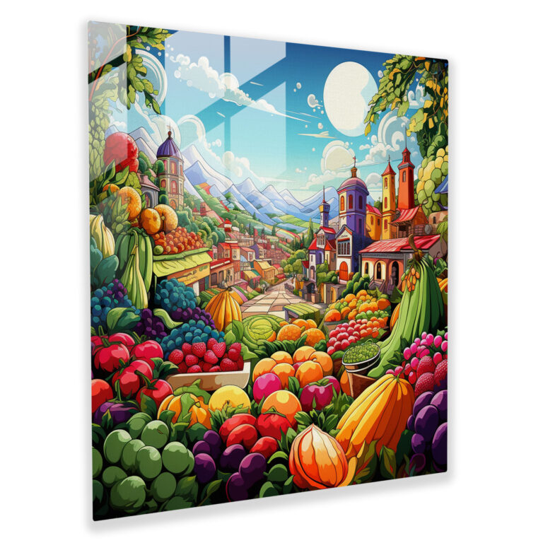 Colorful Village Market Glass Print - Village, Pop Art, Glass Wall Art, Colorful Market