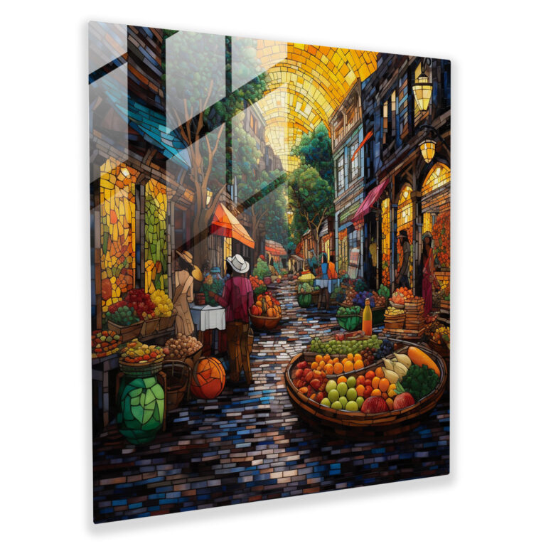 Vibrant Village Market Glass Print - Village, Market, Home Decoration, Glass Art
