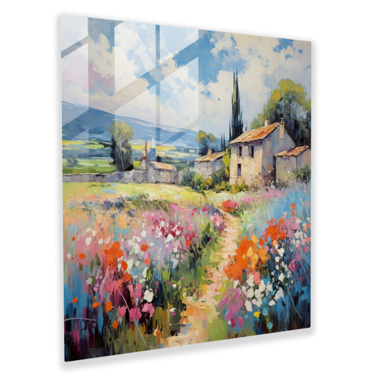 Blooming Village Landscape Glass Print - Village, Modern Art, Glass Art, Wall Decoration
