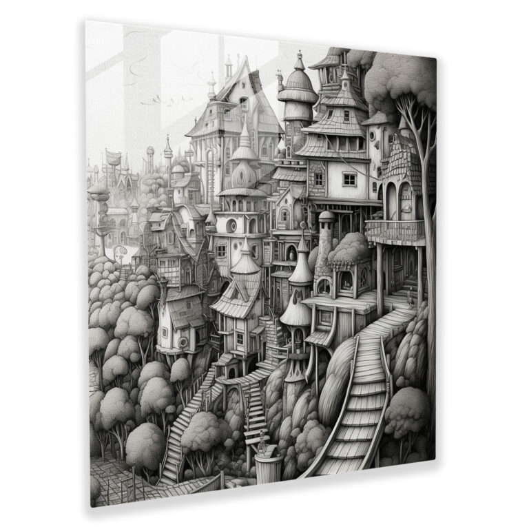 Whimsical Village Fine Line Glass Print - Village, Whimsical, Modern Art, Fine Line Drawing