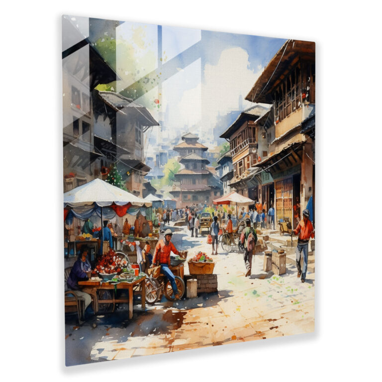 Village Market Square - Glass Print - Village, Traditional Art, Glass Art, Glass Print