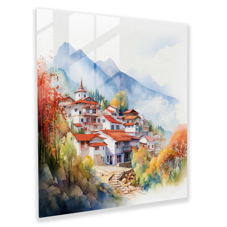 Village Watercolor Glass Print - Village, Mountains, Glass Wall Art, Wall Decoration