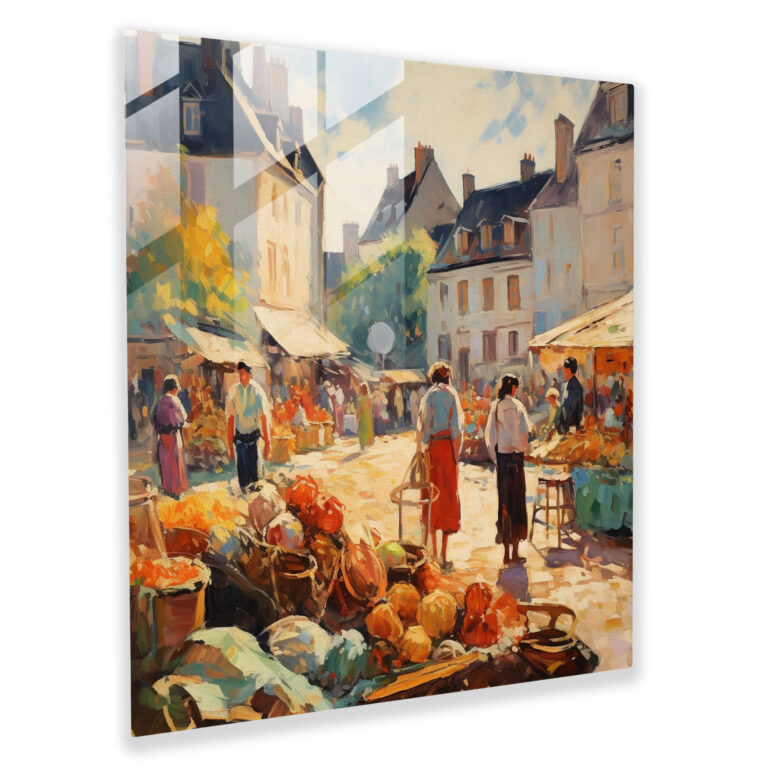 Vibrant Village Market Glass Print - Village, Modern Art, Wall Decoration, Impressionist Oil Painting