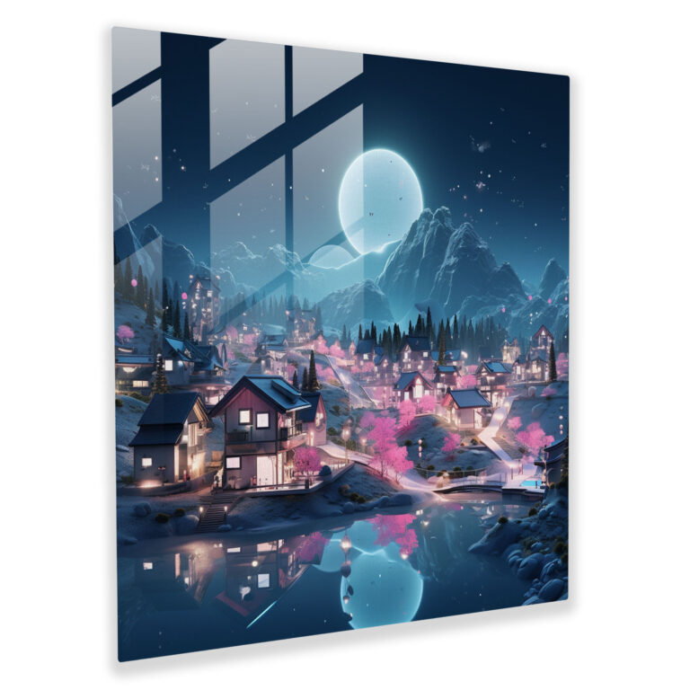 Futuristic Neon Village Glass Print - Village, Neon Lights, Wall Decoration, Digital Illustration