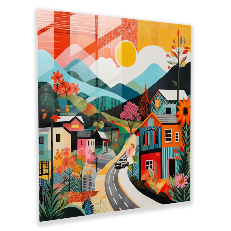 Colorful Pop Art Village Glass Print - Village, Playful Compositions, Glass Art, Wall Decoration