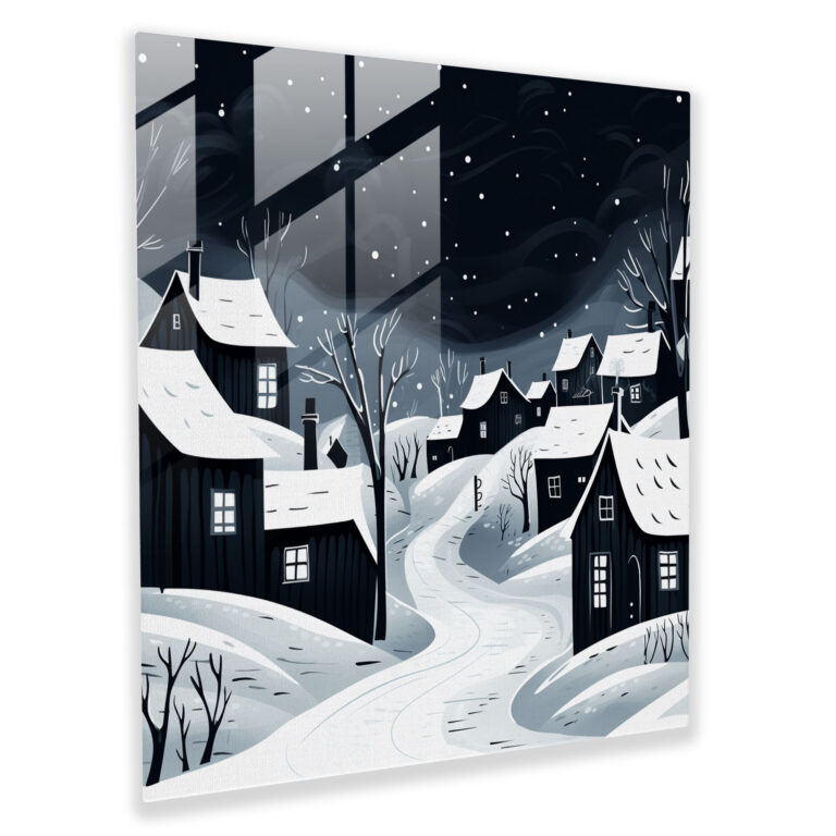 Cozy Winter Village Sketch Glass Print - Village, Glass Art, Glass Print, Winter