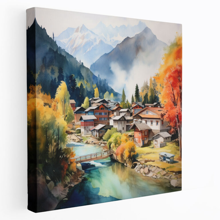 Mountain Village Watercolor Canvas Print - Village, Serene Atmosphere, Home Decoration, Village