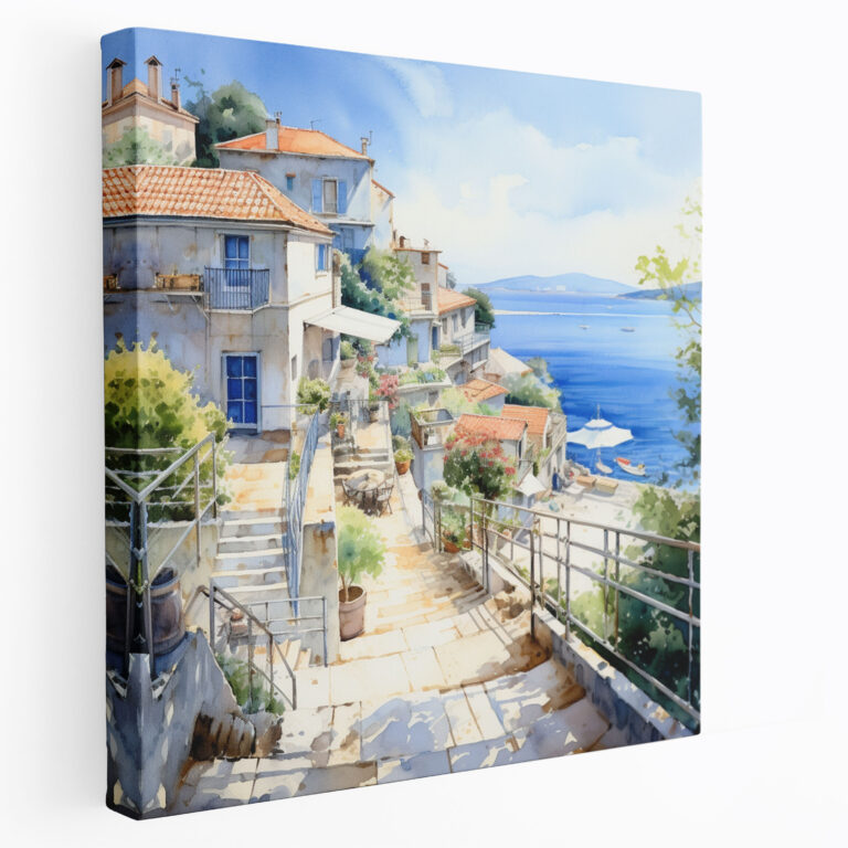 Seaside Village Canvas Print - Coastal Watercolor Wall Art - Village, Home Decoration, Coastal Living, Wall Decoration