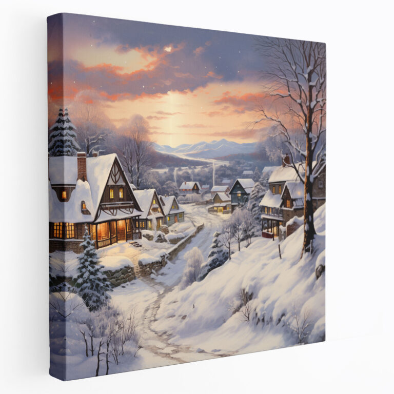 Winter Village Canvas Print - Realistic Snowy Painting Wall Art - Village, Wall Decoration, Village, Nostalgia