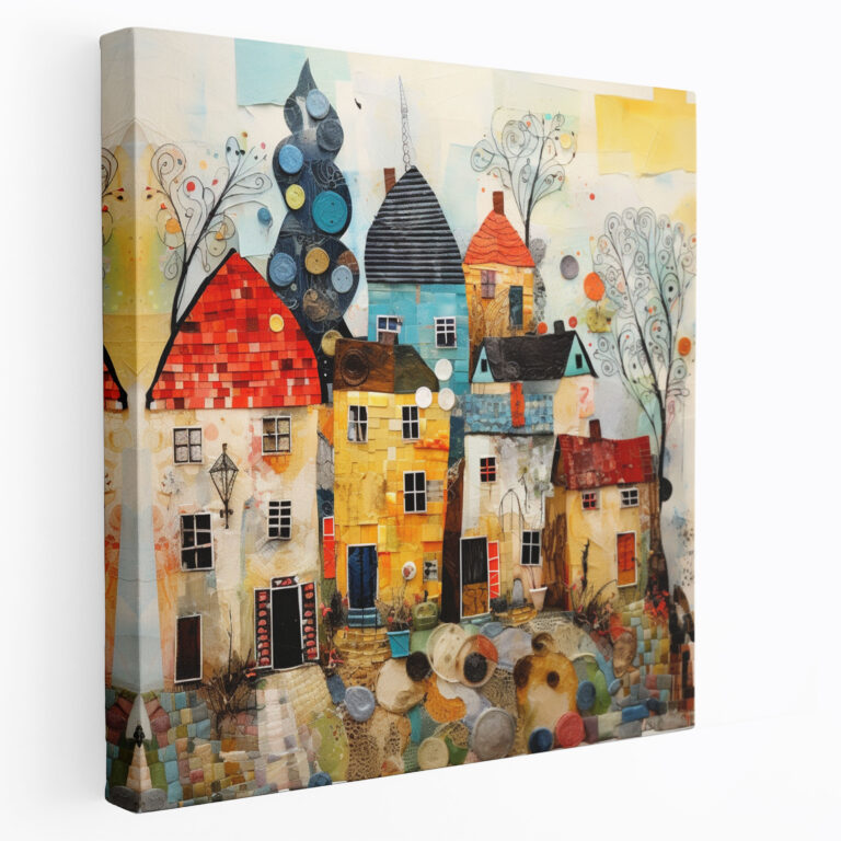 Colorful Village Collage Canvas Print - Artistic Wall Decoration - Village, Wall Decoration, Collage Artwork, Canvas Print