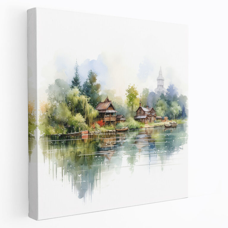 Tranquil Lake Village Canvas Print - Village, Wall Art, Tranquility, Canvas Print