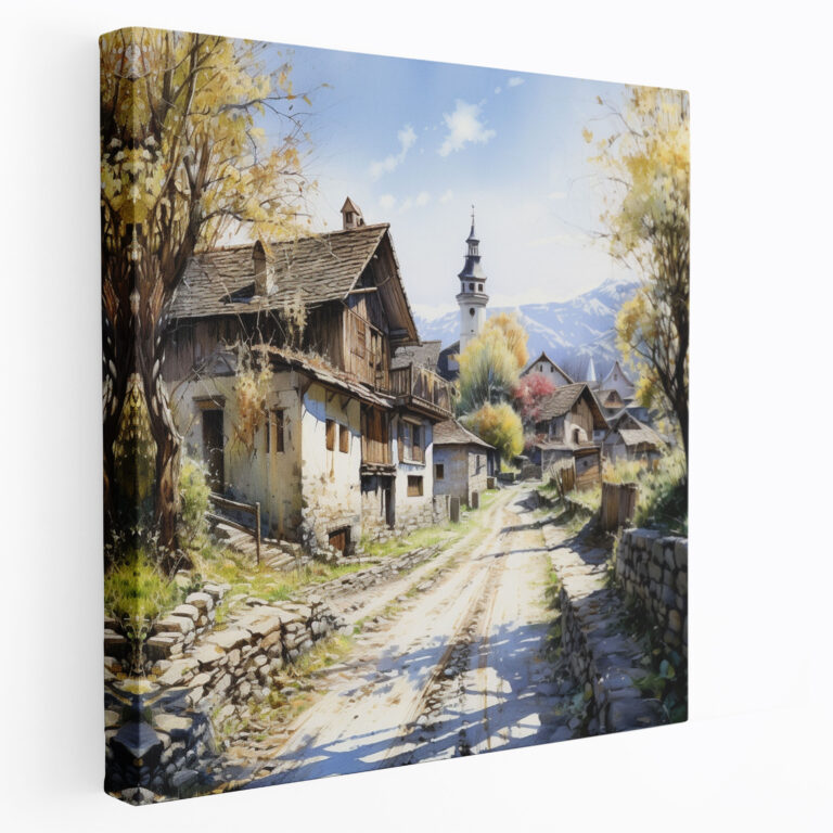 Countryside Serenity Canvas Print - Village, Canvas, Wall Decoration, Realistic Watercolor Painting