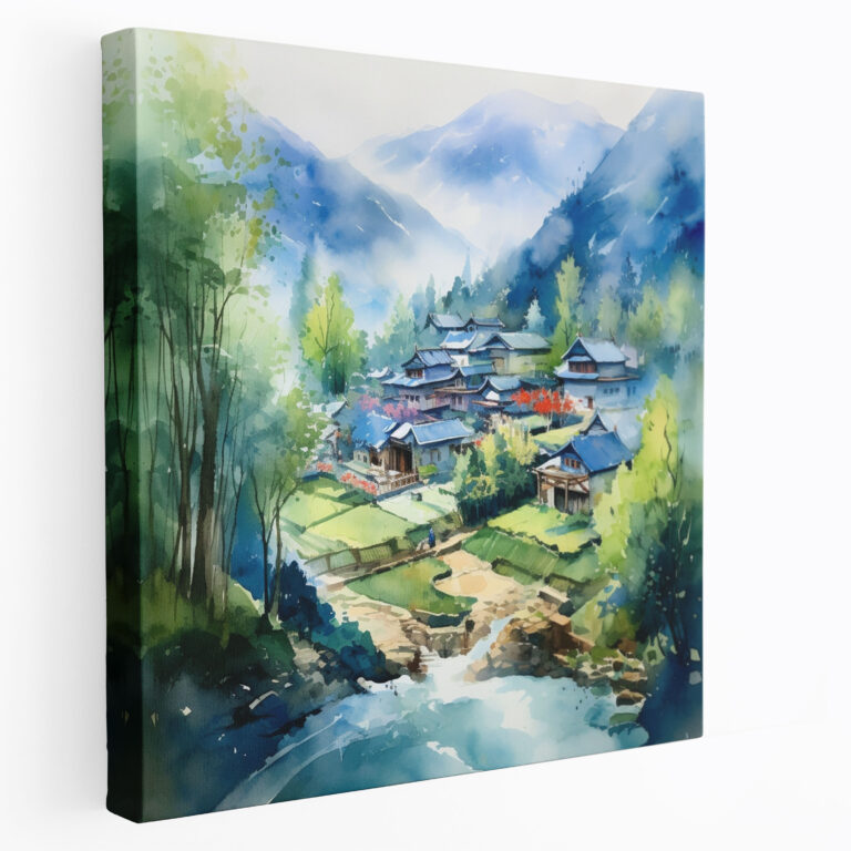 Mountain Village Watercolor Canvas Print - Village, Mountain Village, Canvas Wall Art, Canvas Print