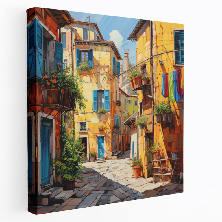 Colorful Village Street Oil Painting Canvas Print - Village, Canvas, Oil Painting, Canvas Print