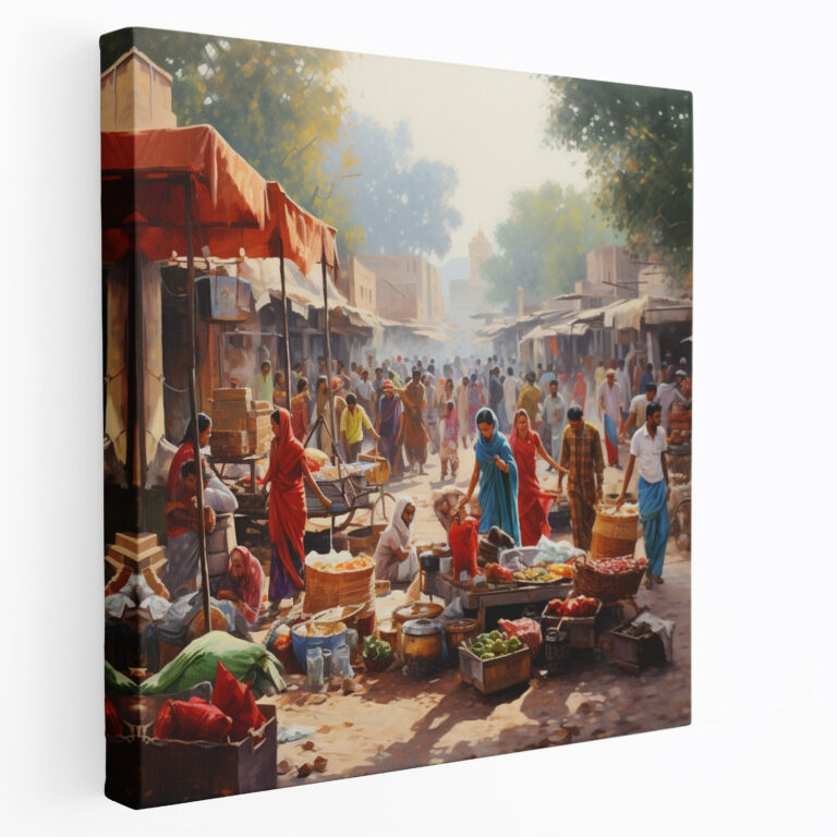 Bustling Village Market Acrylic Painting Canvas Print - Village, Village, Wall Art, Wall Decoration