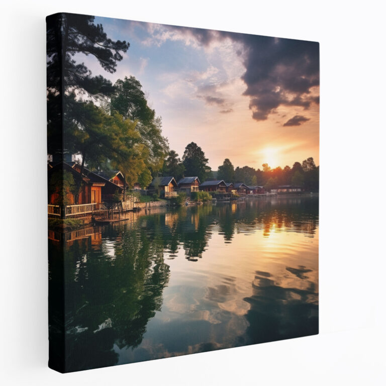 Sunset Lakeside Village Photography Canvas Print - Village, Canvas Wall Art, Lakeside Village, Canvas