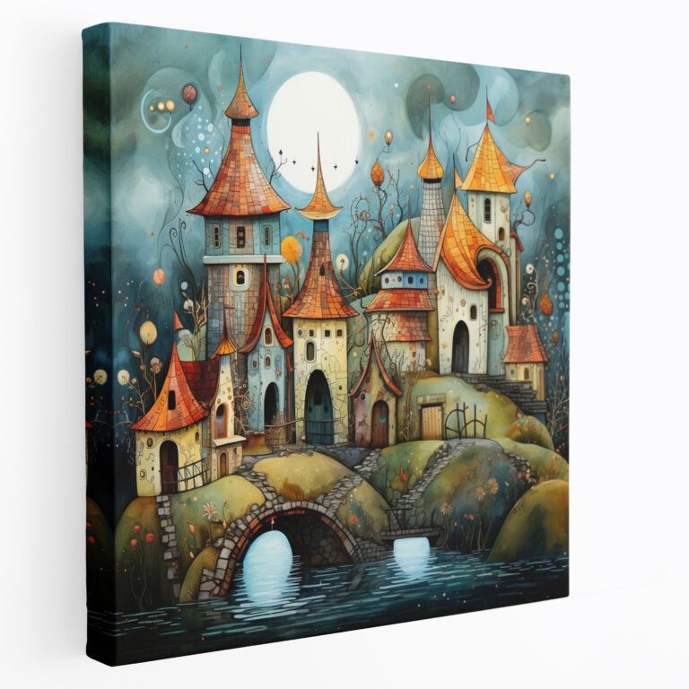 Whimsical Fantasy Village Mixed Media Canvas Print - Village, Canvas, Home Decoration, Canvas Print