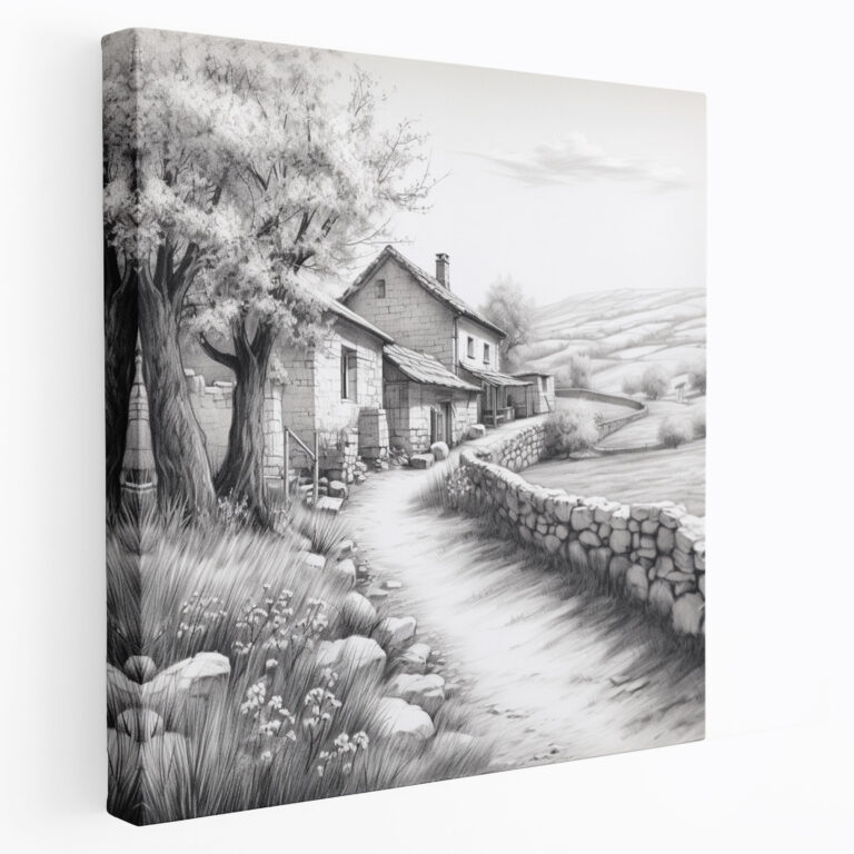 Countryside Village Pencil Sketch Canvas Print - Village, Canvas Wall Art, Serenity, Countryside Village