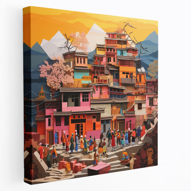 Cultural Diversity Village Collage Art Canvas Print - Village, Cutout Images, Wall Art, Vibrant Village Scene