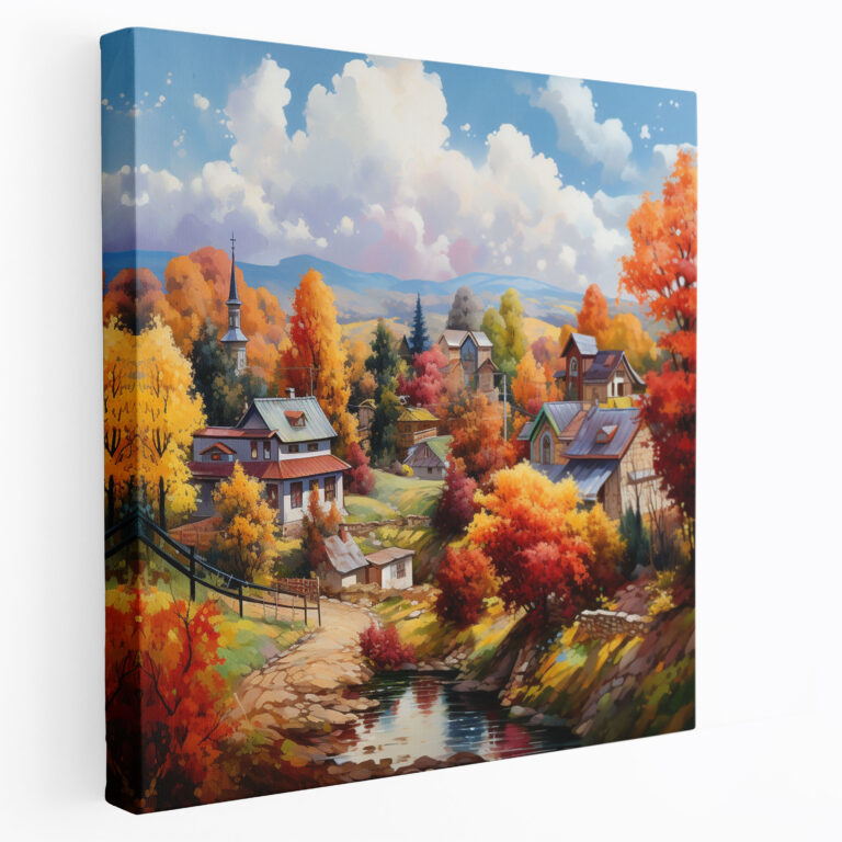 Autumn Village Landscape - Canvas Print - Village, Autumn Foliage, Oil Painting, Wall Decoration