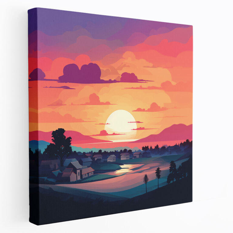 Silhouette Sunset Village - Canvas Print - Village, Silhouette Skyline, Canvas Print, Colorful Sunset