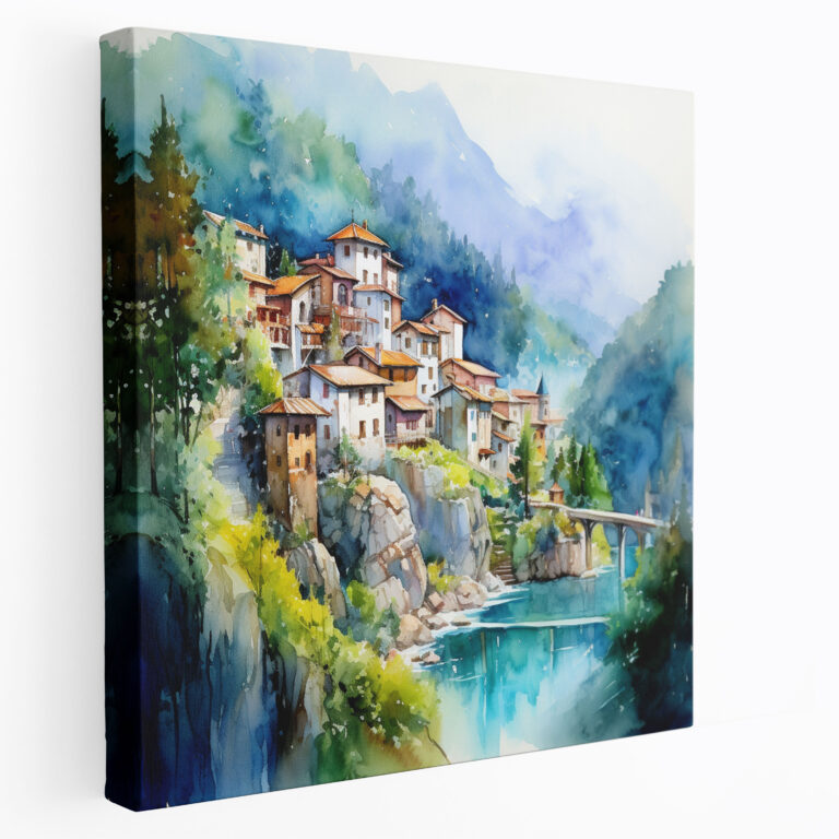 Mountain Village Watercolor Canvas Print - Village, Mountain Village, Canvas, Canvas Print