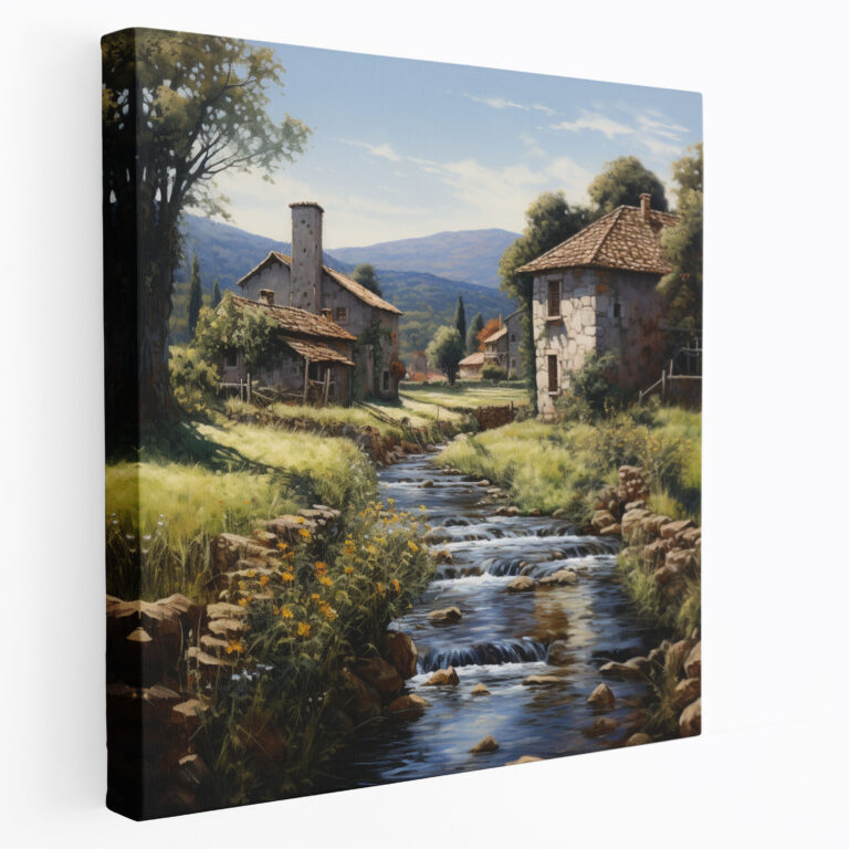 Old Stone Village Oil Painting Canvas Print - Village, Oil Painting, Village, Old Stone Houses