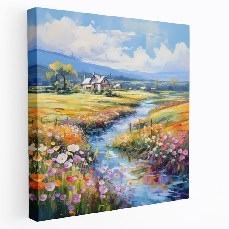 Blooming Fields Village Impressionist Canvas Print - Village, Colorful Houses, Wall Decoration, Canvas Wall Art