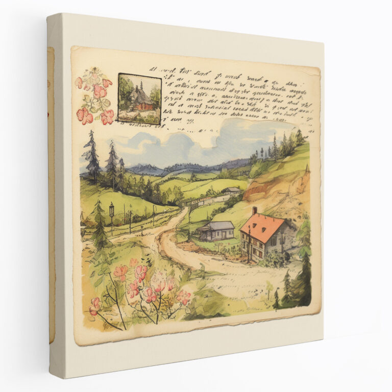 Vintage Postcard Village Landscape Canvas Print - Village, Nostalgia, Home Decoration, Canvas Wall Art