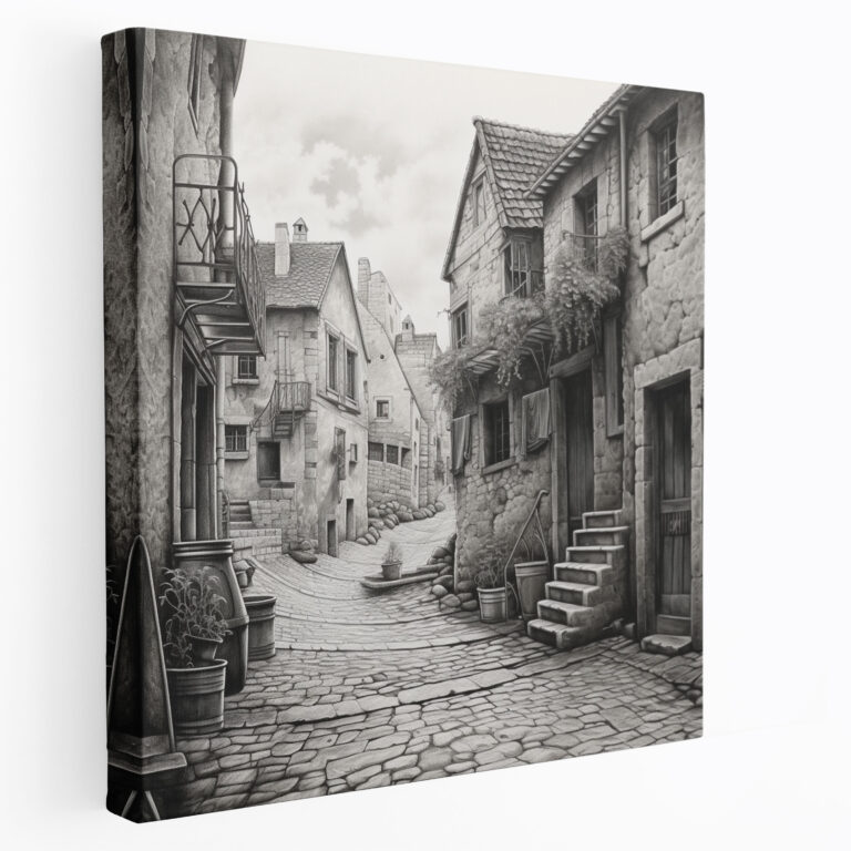 Quaint Village Street Charcoal Drawing Canvas Print - Village, Everyday Life, Home Decoration, Wall Decoration