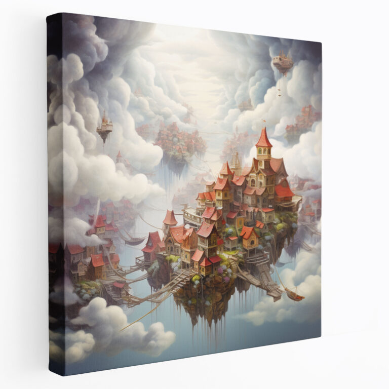 Cloud Village Surreal Mixed Media Canvas Print - Village, Canvas Wall Art, Home Decoration, Wall Decoration