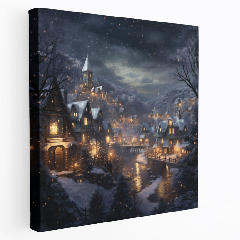 Snowy Village Digital Canvas Print - Village, Snow, Digital Illustration, Home Decoration