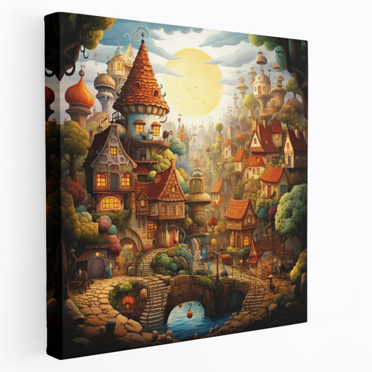Whimsical Animal Village Illustration Canvas Print - Village, Wall Decoration, Fantasy, Wall Art