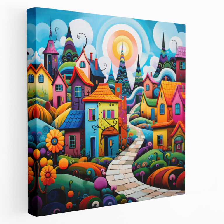 Pop Art Village Canvas Print - Village, Vibrant Village Scene, Playful Elements, Pop Art Style