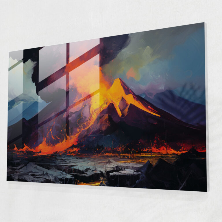 Expressive Volcano Glass Wall Art - Volcano, Bold Brushstrokes, Volcanic Landscape, Glass Art