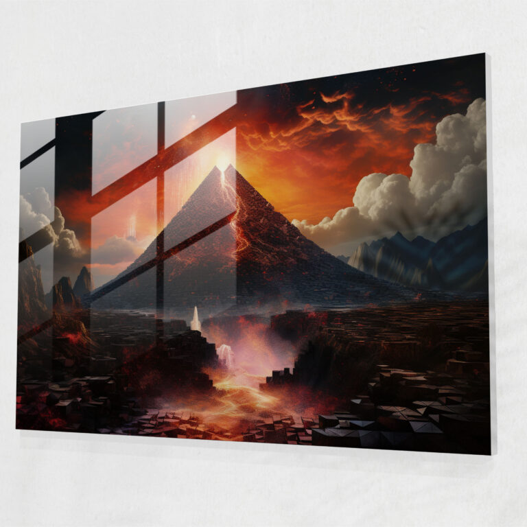 Surreal Volcano Glass Wall Art - Volcano, Fantasy, Mosaic Landscape, Glass Print