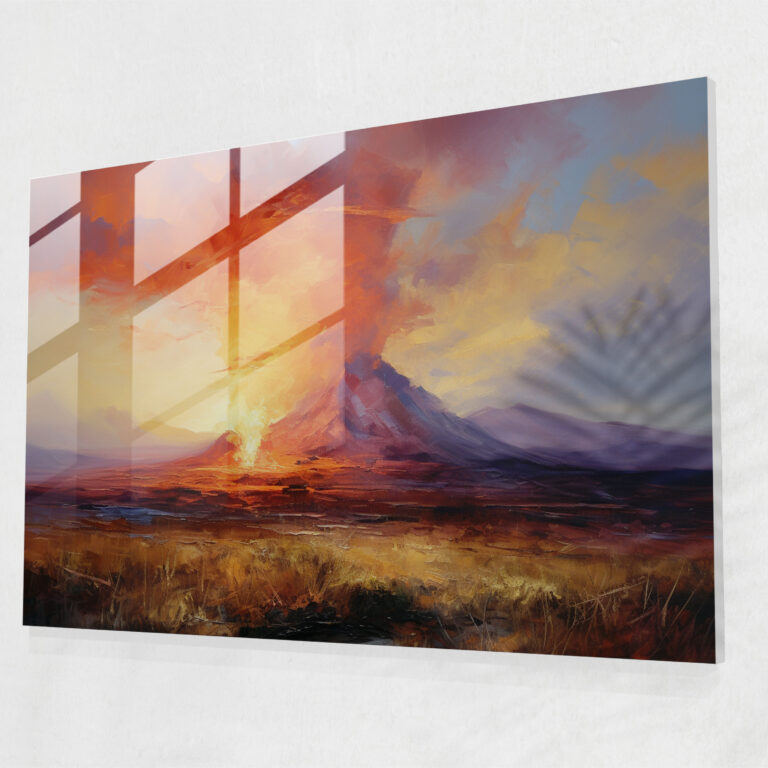 Sunset Volcano Glass Print - Volcano, Wall Decoration, Home Decoration, Volcano At Sunset