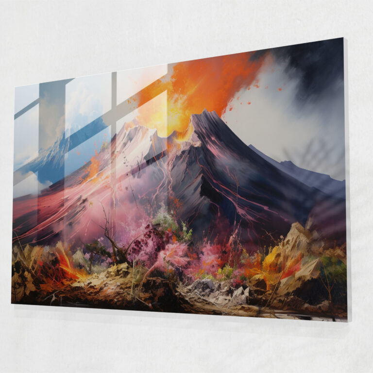 Contemporary Volcano Glass Art - Volcano, Glass Print, Serene Volcanic Landscape, Volcano