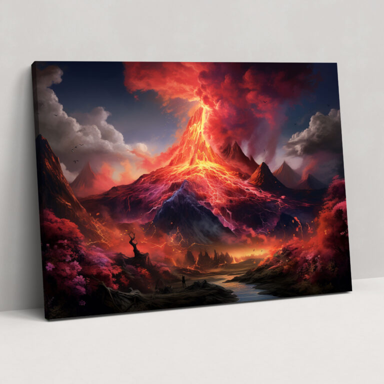 Dreamlike Volcano Canvas Print - Volcano, Volcano Wall Decoration, Surreal Mixed Media Artwork, Volcano Wall Art