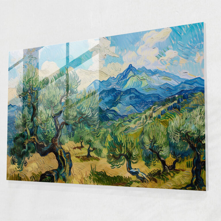 Vincent Van Gogh Glass Print: Olive Trees With Mountains Glass Wall Art - Vincent Van Gogh, Glass Art, Glass Print, Vincent Van Gogh