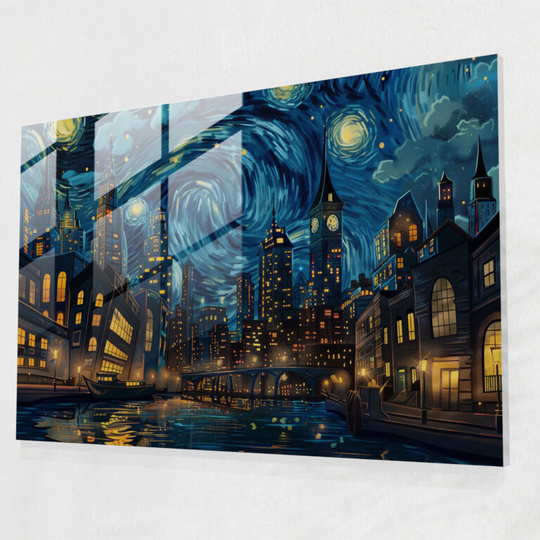 Vincent Van Gogh Glass Print: Starry Night Cityscape - Vincent Van Gogh, Wall Decoration, Home Decoration, Glass Wall Art