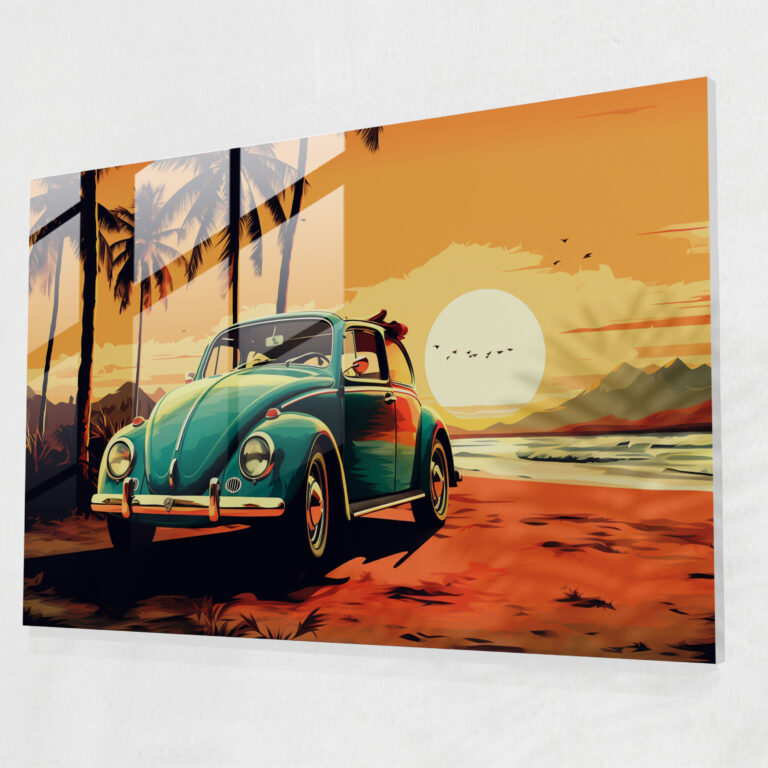 Vintage Volkswagen Beetle Glass Print - Volkswagen Beetle, Retro, Glass Wall Art, Modern Art