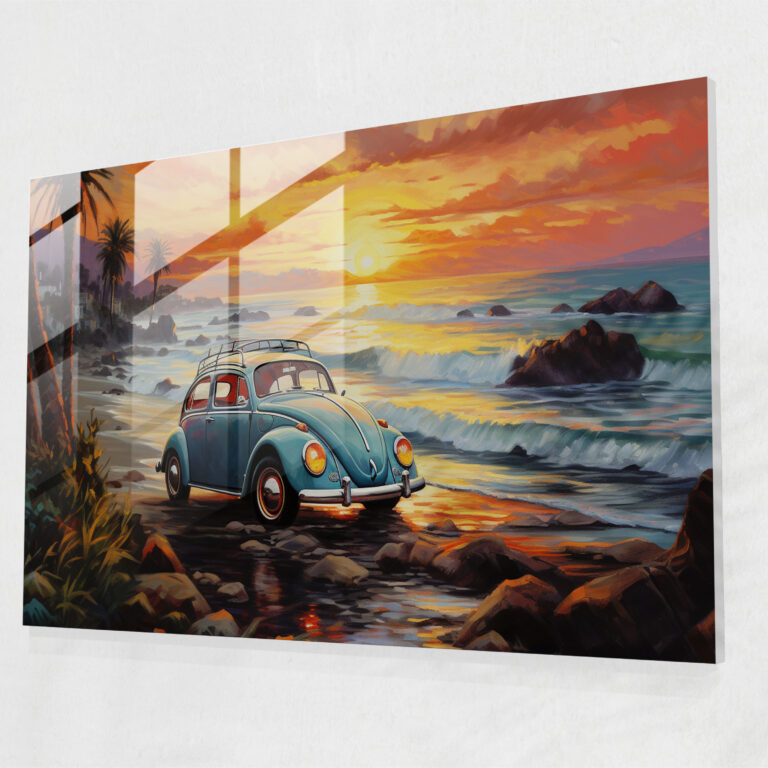 Sunset Volkswagen Beetle Glass Wall Art - Volkswagen Beetle, Modern Art, Glass Wall Art, Oil Painting