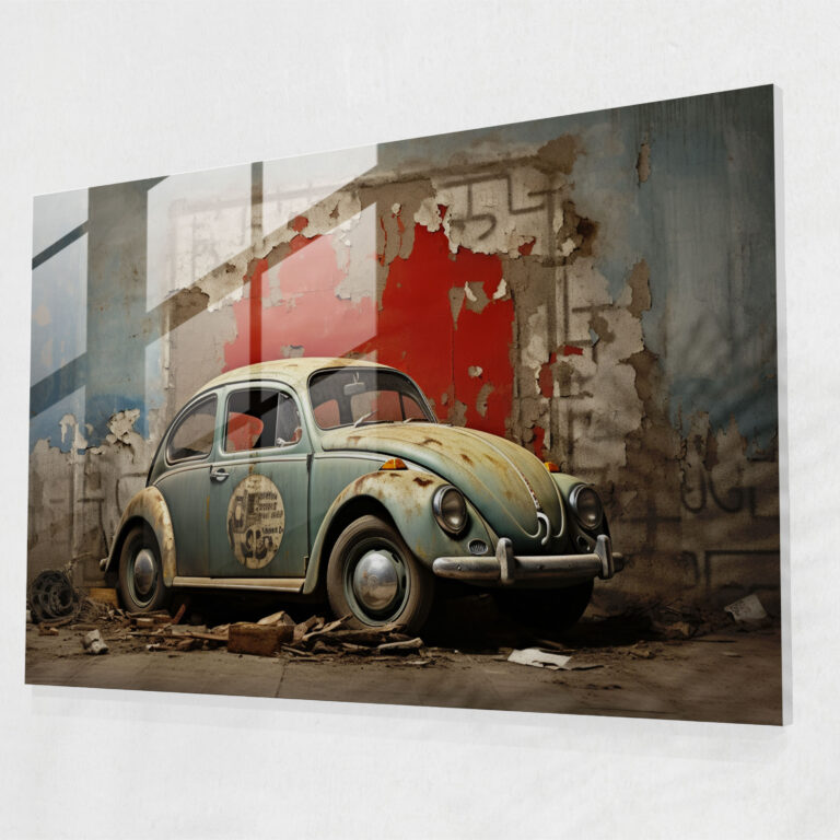 Volkswagen Beetle Glass Print - Volkswagen Beetle, Contemporary Mixed Media Artwork, Glass Print, Glass Art