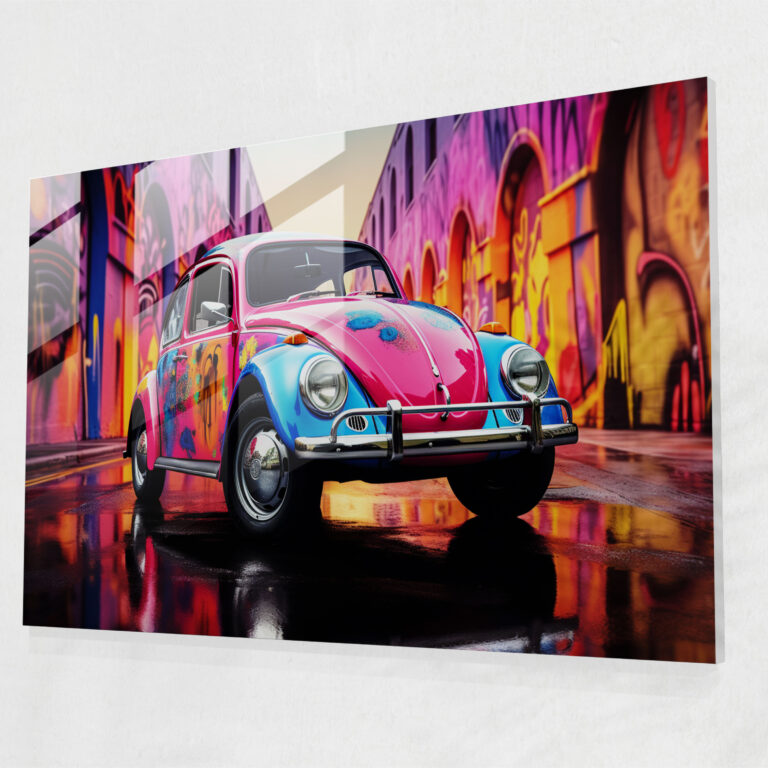 Volkswagen Beetle Pop Art Glass Print - Volkswagen Beetle, Pop Art, Wall Decoration, Glass Print
