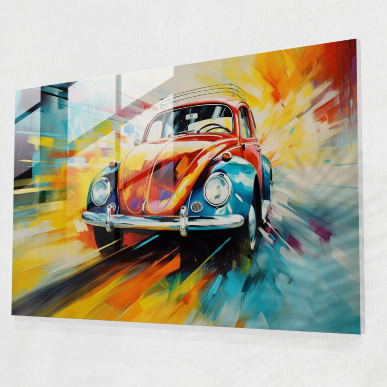 Volkswagen Beetle Impressionistic Glass Print - Volkswagen Beetle, Impressionistic, Motion, Home Decoration