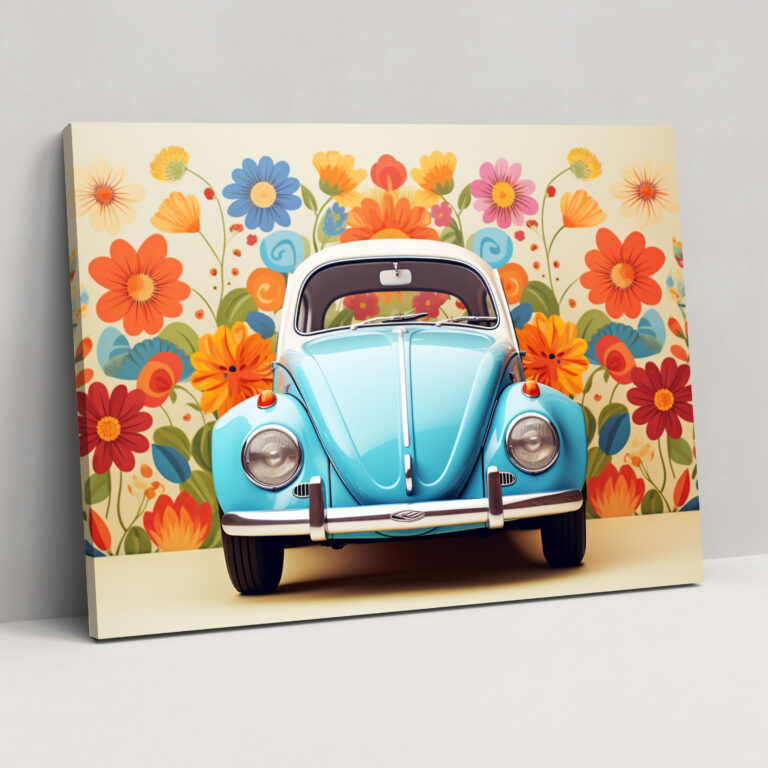 Volkswagen Beetle Wall Art - Volkswagen Beetle, Graphic Design, Colorful Flowers, Retro-Style