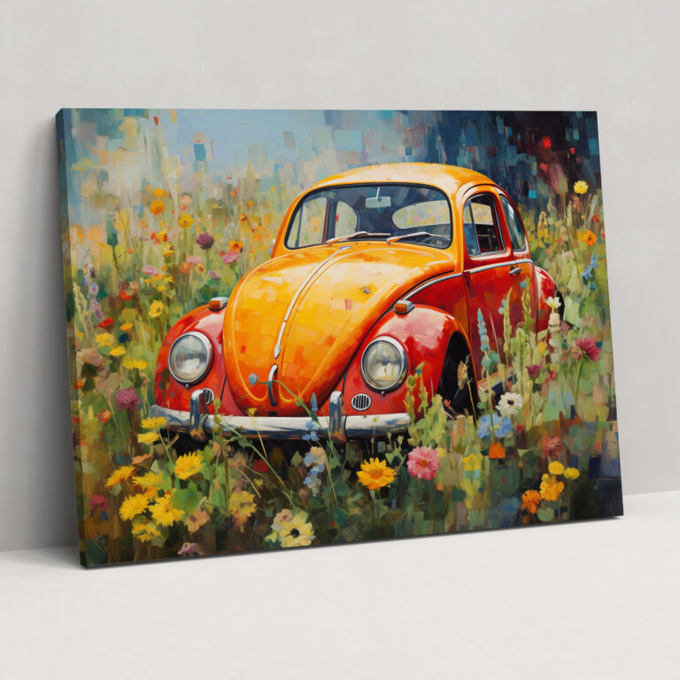 Volkswagen Beetle Flower Meadow Canvas Print - Volkswagen Beetle, Canvas Wall Art, Impressionist Painting, Canvas Print