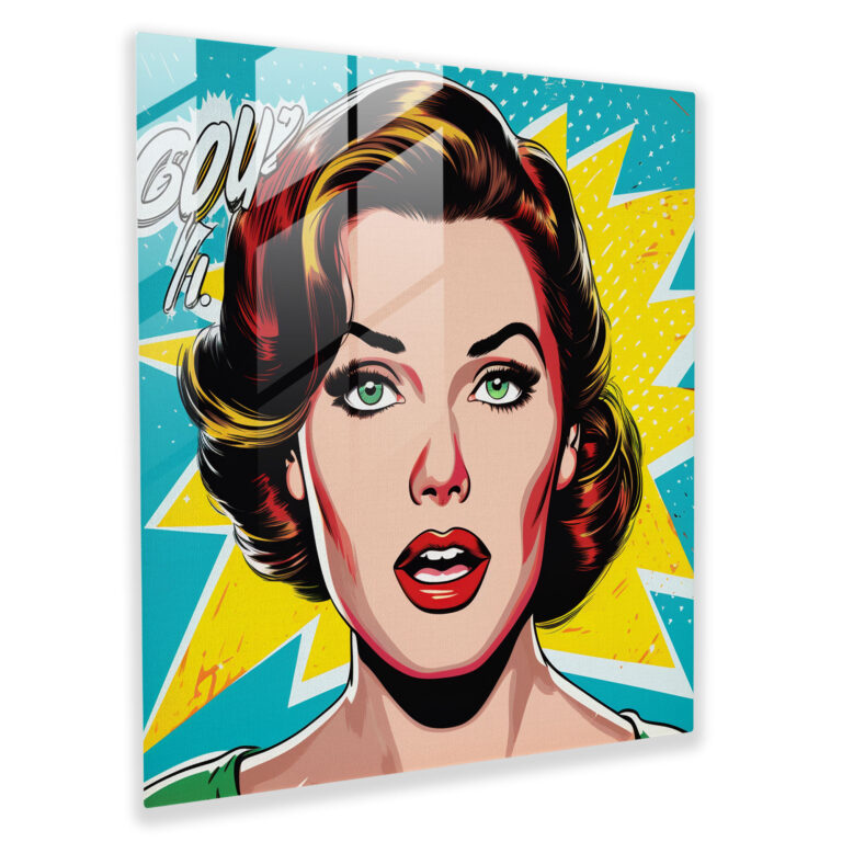 Woman Glass Print - Pop Art Splendor - Woman, Woman Glass Print, Glass Wall Art, Comic Book-Inspired Colors