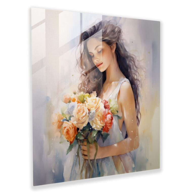 Romantic Glass Print - Woman With Flowers - Woman, Woman, Glass Print, Flowers